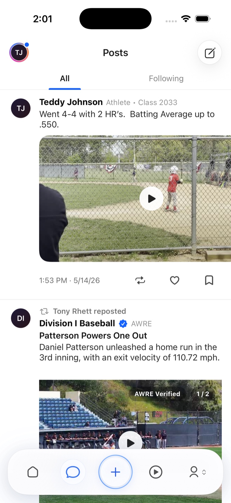 AWRE Sports App posts feed